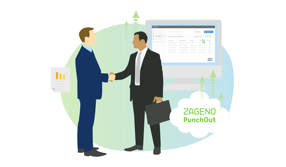 Illustration of two businesspeople shaking hands with backdrop of ordering system