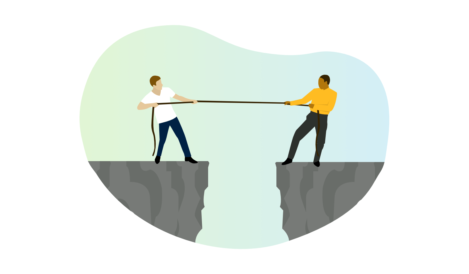Illustration of two people doing tug-of-war across a chasm