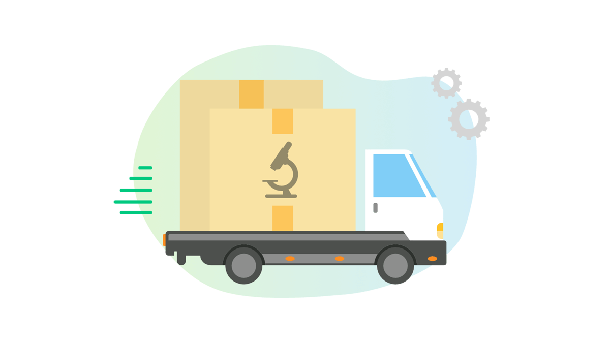 Illustration of moving truck with microscope inside crate