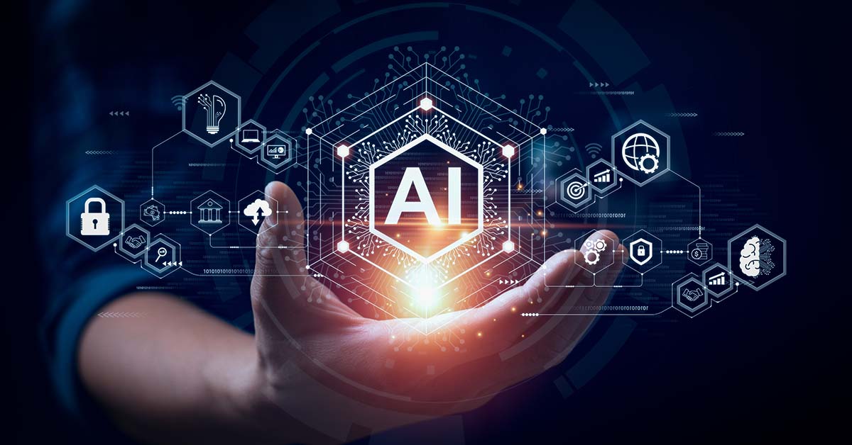 Photo illustration of hand holding AI and related icons